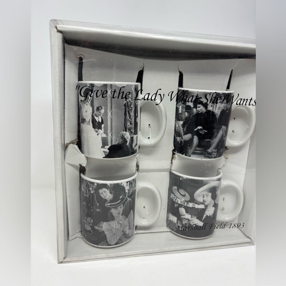 Marshall Fields Coffee Mugs 2006 Vintage Shopping Scenes Set Of 4 Cups 10 Ounces